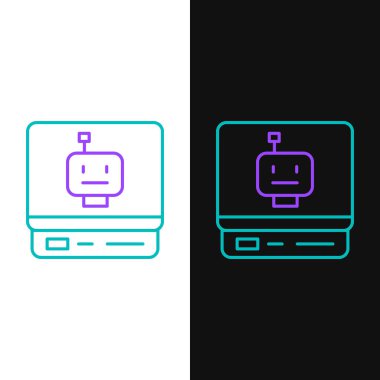 Çizgi Robotu simgesi beyaz ve siyah arkaplanda izole edildi. Yapay zeka, makine öğrenme, bulut hesaplama. Renkli taslak konsepti. Vektör.