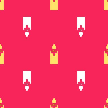 Sarı yanan mum simgesi kırmızı arkaplanda izole edilmiş pürüzsüz desen. Silindirik mum çubuğu ve yanan ateş. Vektör.