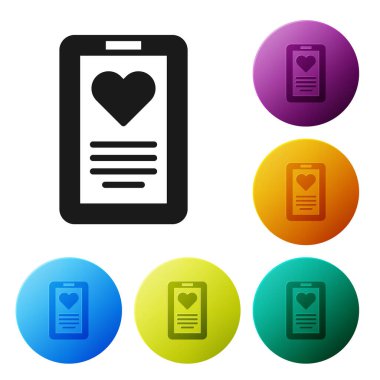 Siyah tıbbi pano beyaz arka planda izole edilmiş klinik kayıt simgesine sahip. Reçete, tıbbi kontrol işaretleri raporu. Simgeleri renk daire düğmelerine ayarla. Vektör.