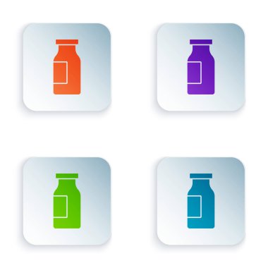 Beyaz arka planda izole edilmiş süt ikonlu renkli cam şişe. Kare düğmelere renkli simgeleri yerleştir. Vektör.