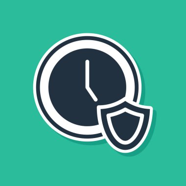 Yeşil arkaplanda izole edilmiş kalkan simgesine sahip mavi saat. Güvenlik, güvenlik, koruma, gizlilik kavramı. Vektör.
