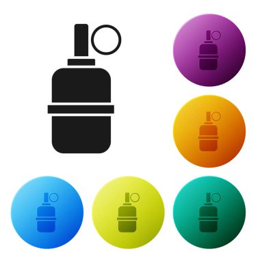 Siyah El bombası ikonu beyaz arka planda izole edildi. Bomba patlaması. Simgeleri renk daire düğmelerine ayarla. Vektör.