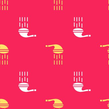 Su damlaları akan sarı duş başlığı kırmızı arka planda izole edilmiş bir ikon. Vektör.