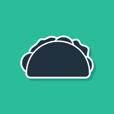 Yeşil arka planda tortilla ikonlu mavi taco. Geleneksel Meksika fast food menüsü. Vektör.