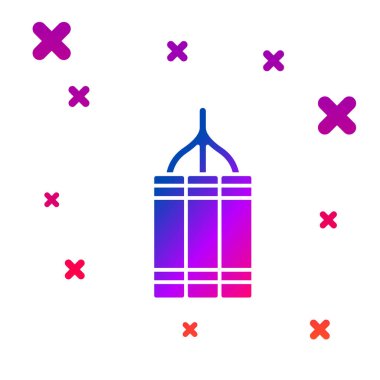 Beyaz arka planda izole edilmiş renkli dinamit çubuğu ikonu. Saatli bomba - patlama tehlikesi kavramı. Kademeli rastgele dinamik şekiller. Vektör.