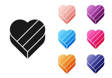 Siyah Şeker kalp şeklinde bir kutu ve beyaz arka planda izole edilmiş yay simgesi. Sevgililer Günü. Simgeleri renklendirin. Vektör.