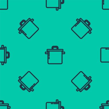 Mavi çizgili tencere ikonu yeşil arka planda izole edilmiş kusursuz desen. Haşlama ya da güveç besin sembolü. Vektör.