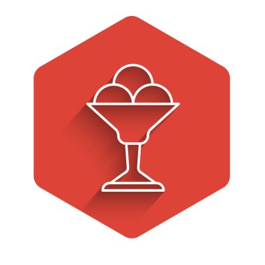 Kasedeki beyaz çizgi dondurma uzun gölgeli izole edilmiş. Güzel sembol. Kırmızı altıgen düğmesi. Vektör.