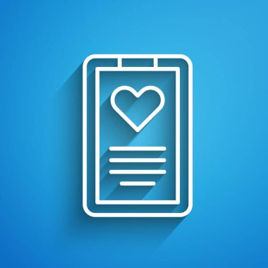 Mavi arka planda izole edilmiş klinik kayıt simgesi olan beyaz çizgi tıbbi pano. Reçete, tıbbi kontrol işaretleri raporu. Uzun gölge. Vektör.