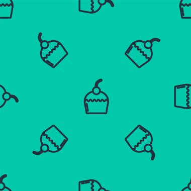 Mavi çizgi kek simgesi yeşil arkaplandaki kusursuz deseni izole etti. Doğum günün kutlu olsun. Vektör.