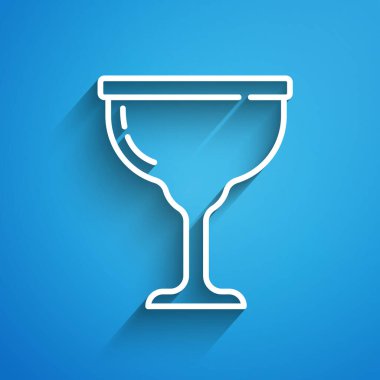 Beyaz çizgi Yahudi kadeh ikonu mavi arka planda izole edildi. Kiddush için Yahudi şarabı bardağı. Şabat için çerez kupası. Uzun gölge. Vektör.