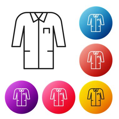 Siyah çizgi laboratuvar üniforması ikonu beyaz arkaplanda izole edildi. İlaç araştırma görevlileri için önlük. Tıbbi personel ekipmanları. Renkli daire düğmelerini ayarlayın. Vektör.