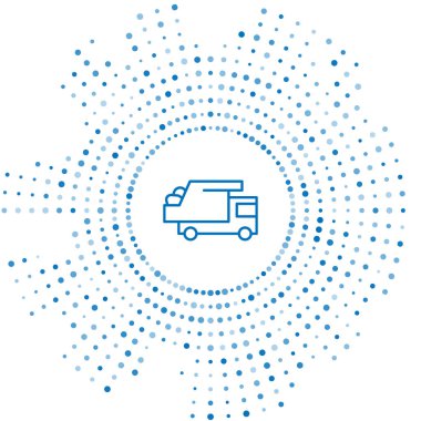 Mavi çizgi çöp kamyonu simgesi beyaz arka planda izole edildi. Soyut çember rastgele noktalar. Vektör.