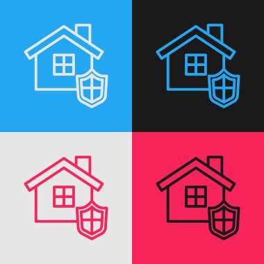 Kalkan simgesi renk arkaplanında izole edilmiş Pop Sanat Evi. Sigorta konsepti. Güvenlik, güvenlik, koruma, konsept koruma. Vektör.