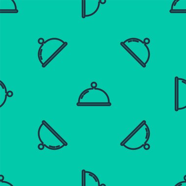 Mavi çizgi, yeşil arka planda izole edilmiş yemek ikonu tepsisiyle kaplı. Tepsi ve kapak işareti. Kapaklı bir restoran saati. Vektör.