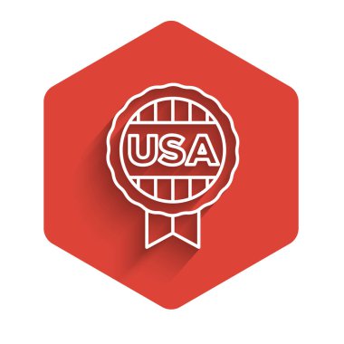 Yıldız ikonlu beyaz çizgi madalyası uzun gölgeli. Kazanan başarı işareti. Ödül madalyası. Kırmızı altıgen düğmesi. Vektör.