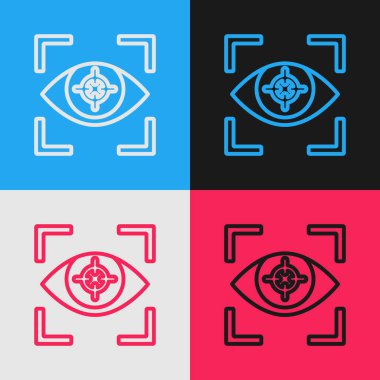 Pop Art Line Göz Tarama simgesi renk arkaplanında izole edildi. Göz taraması yapılıyor. Güvenlik kontrol sembolü. Siber göz işareti. Vektör.