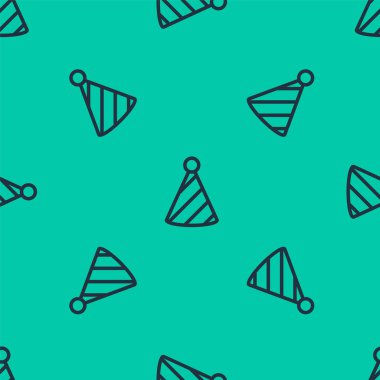 Mavi çizgi parti şapka ikonu yeşil arka planda kusursuz desen izole etti. Doğum günü şapkası. Vektör.