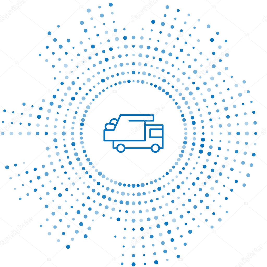Blue line Garbage truck icon isolated on white background. Abstract circle random dots. Vector.