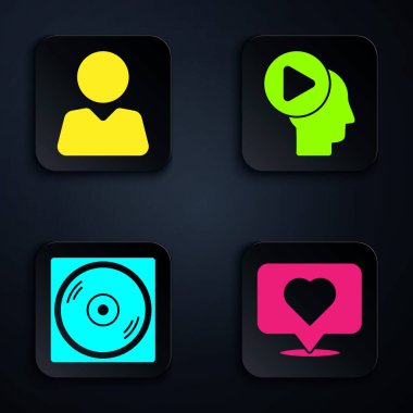 Arkadaşa Ekle, Vinil Disk ve Baş İnsanları Oynat düğmesine bas. Siyah kare düğme. Vektör.