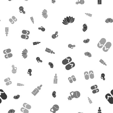 Lotus çiçeği, temel yağ şişesi, parmak arası terlikler ve kusursuz desen. Vektör.