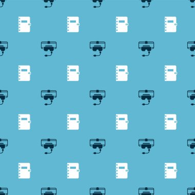 Sanal gerçeklik gözlüklerini ve Spiral defterini kusursuz desene ayarla. Vektör.