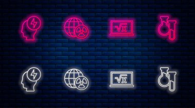 Yeryüzü ve radyasyon çizgisi, x kabartmasının kare kökü, baş elektrik sembolü ve test tüpü şişesi. Tuğla duvarda parlayan neon simgesi. Vektör.