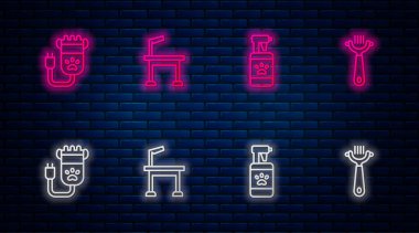 Evcil hayvan bakım masası, şampuan, saç maşası ve kedi ve köpek için fırça. Tuğla duvarda parlayan neon simgesi. Vektör.