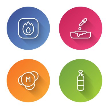 Hattı ateşe verin, pipetli Petri kabı, molekül ve propan benzin deposu. Renkli daire düğmesi. Vektör.