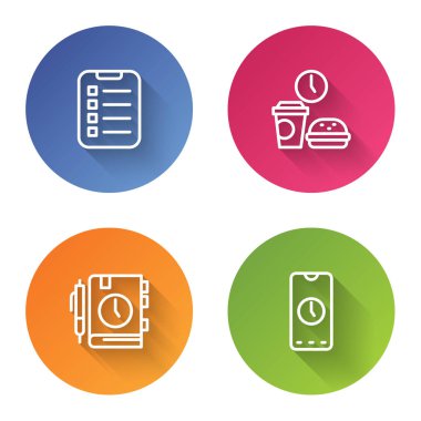 Liste yapmak ya da planlamak için satır belirleyin, Fast food zamanı, Daily Papepad ve Alarm Saat uygulaması mobil. Renkli daire düğmesi. Vektör.