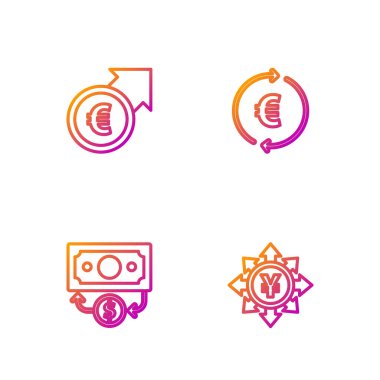 Yen ile bozuk para, kağıt para yığını, mali büyüme ve avro ve sembol ayarlayın. Renk simgeleri. Vektör.