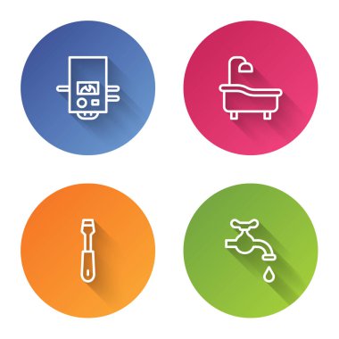 Gaz kazanını, küveti, tornavidayı ve su musluğunu ayarla. Renkli daire düğmesi. Vektör.