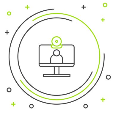 Beyaz arkaplanda görüntülü sohbet simgesi izole edildi. Ekranda görüntülü sohbet arayüzü olan bilgisayar. Renkli taslak konsepti. Vektör.