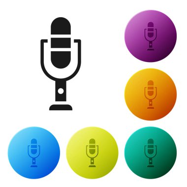 Beyaz arkaplanda siyah mikrofon simgesi izole edildi. Radyodaki mikrofondan. Sözcü işareti. Simgeleri renk daire düğmelerine ayarla. Vektör İllüstrasyonu.