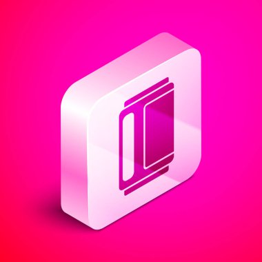 Pembe arka planda izole edilmiş Isometric Bira ikonu. Gümüş kare düğme. Vektör.
