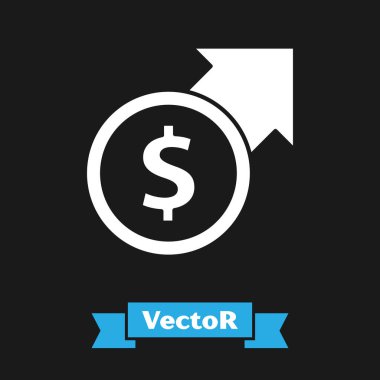 Beyaz Finansal büyüme ve dolar madeni para simgesi siyah arka planda izole edildi. Gelirleri arttırıyorum. Vektör.