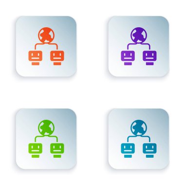 Renkli Yapay Zeka simgesi beyaz arkaplanda izole edildi. Makine öğrenme, bulut hesaplama, otomatik destek ve ağlar. Kare düğmelere renkli simgeleri yerleştir. Vektör.