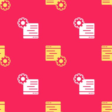 Sarı Bilgisayar Ağı arayüzü simgesi kırmızı arkaplanda izole edilmiş. Uygulama programlama arayüzü API teknolojisi. Yazılım entegrasyonu Vektör.