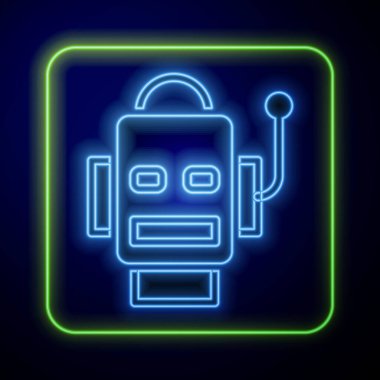 Parlayan neon robot simgesi mavi arkaplanda izole edildi. Yapay zeka, makine öğrenme, bulut hesaplama. Vektör.