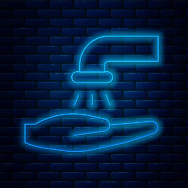Işıldayan neon hat. Tuğla duvarda izole edilmiş sabun ikonu ile ellerini yıkıyor. Virüs ve bakterileri önlemek için ellerini sabunla yıkıyorsun. Vektör İllüstrasyonu.