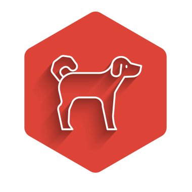 Beyaz çizgi köpek simgesi uzun gölgeli. Kırmızı altıgen düğmesi. Vektör.