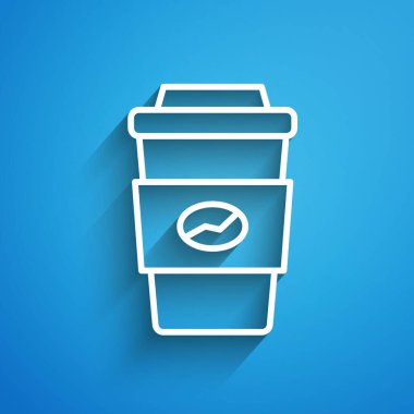 Beyaz çizgi kahve fincanı mavi arka planda izole edilmiş bir ikon haline gelecek. Uzun gölge. Vektör.
