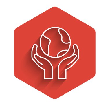 Beyaz çizgi. İnsan elleri Dünya 'nın ikonunu uzun gölgeli tutuyor. Dünya kavramını sakla. Kırmızı altıgen düğmesi. Vektör.