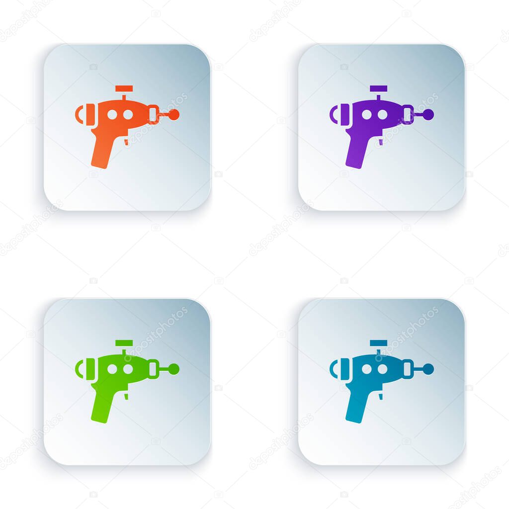 Color Ray gun icon isolated on white background. Laser weapon. Space blaster. Set colorful icons in square buttons. Vector.