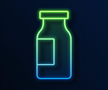 Parlak neon hattı mavi arka planda izole edilmiş süt ikonu olan kapalı cam şişe. Vektör.