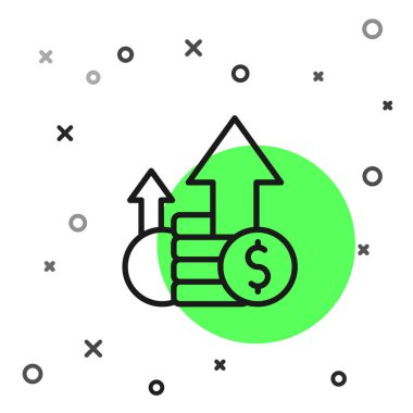 Beyaz arka planda siyah çizgi finansal büyüme ve madeni para ikonu izole edildi. Gelirleri arttırıyorum. Vektör.