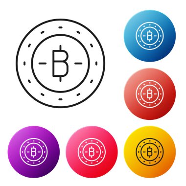 Siyah çizgi kripto para birimi Bitcoin simgesi beyaz arka planda izole edildi. Madeni para. Engelleme zinciri tabanlı şifreli para birimi. Renkli daire düğmelerini ayarlayın. Vektör.