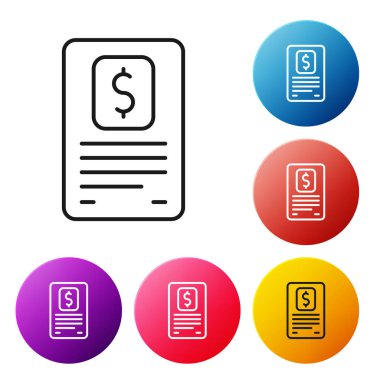 Siyah çizgi işletme finans raporu beyaz arka planda izole edilmiş bir simge. Denetim ve analiz, belge, plan sembolü. Renkli daire düğmelerini ayarlayın. Vektör.