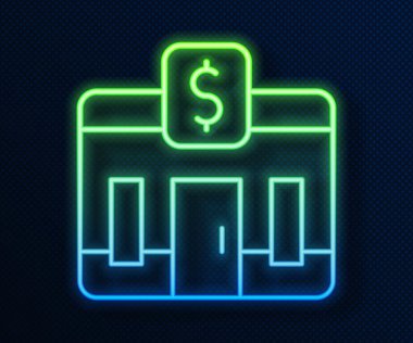 Parlayan neon hattı banka binası simgesi mavi arkaplanda izole edildi. Vektör.