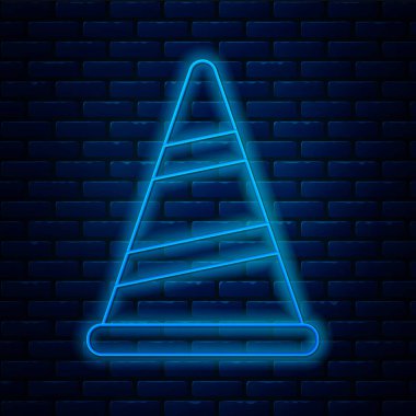 Parlayan neon hattı parti şapkası simgesi tuğla duvar arkasında izole edildi. Doğum günü şapkası. Mutlu Noeller ve mutlu yıllar. Vektör.